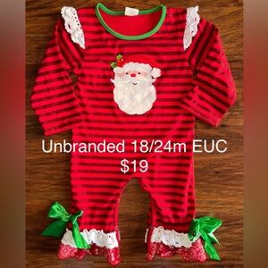 Festive Red Striped Santa Kids One Piece with Ruffles, Bows